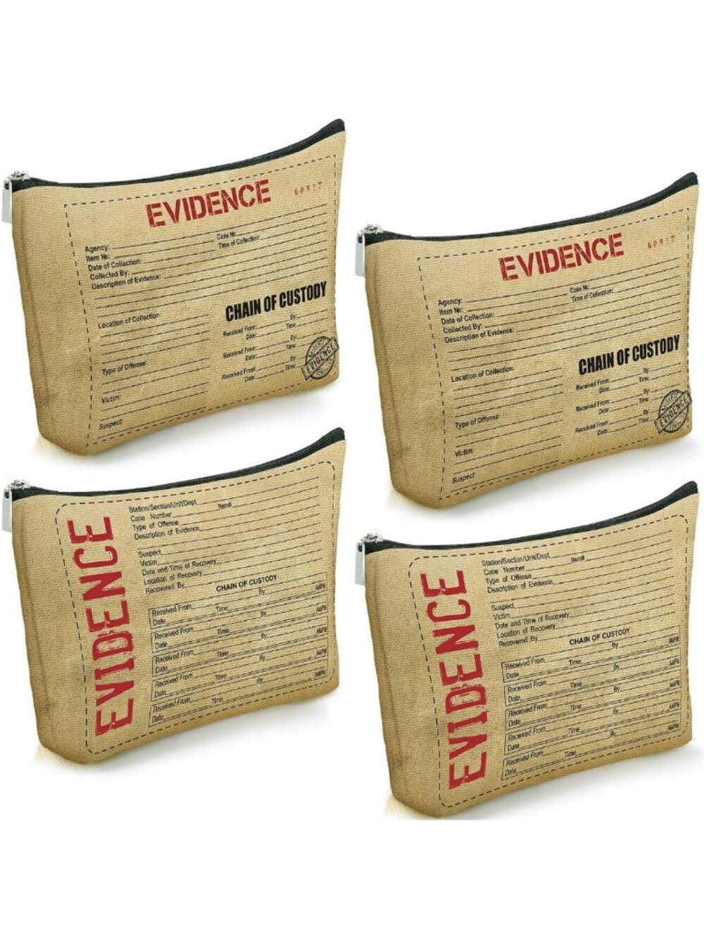 4 Pcs True Crime Makeup Pouches - Zippered Evidence Bags for Organizing